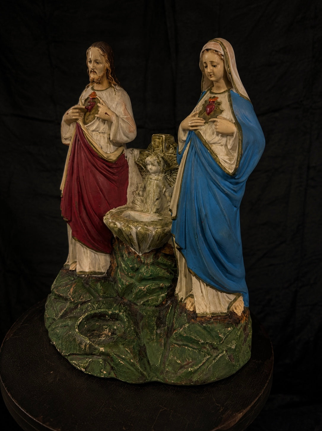 Antique Sacred Heart & Immaculate Heart Holy Water Font