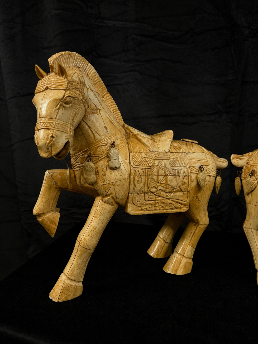 Vintage Pair of Carved Bone Ceremonial Horse Sculptures