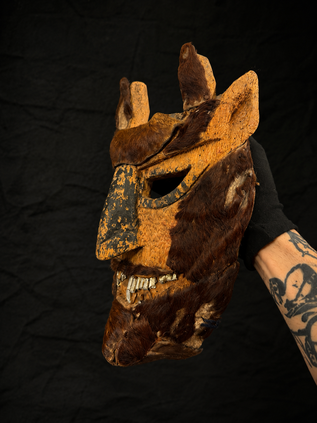 Antique Mexican Diablo Mask w/ Animal Hide & Metal Teeth