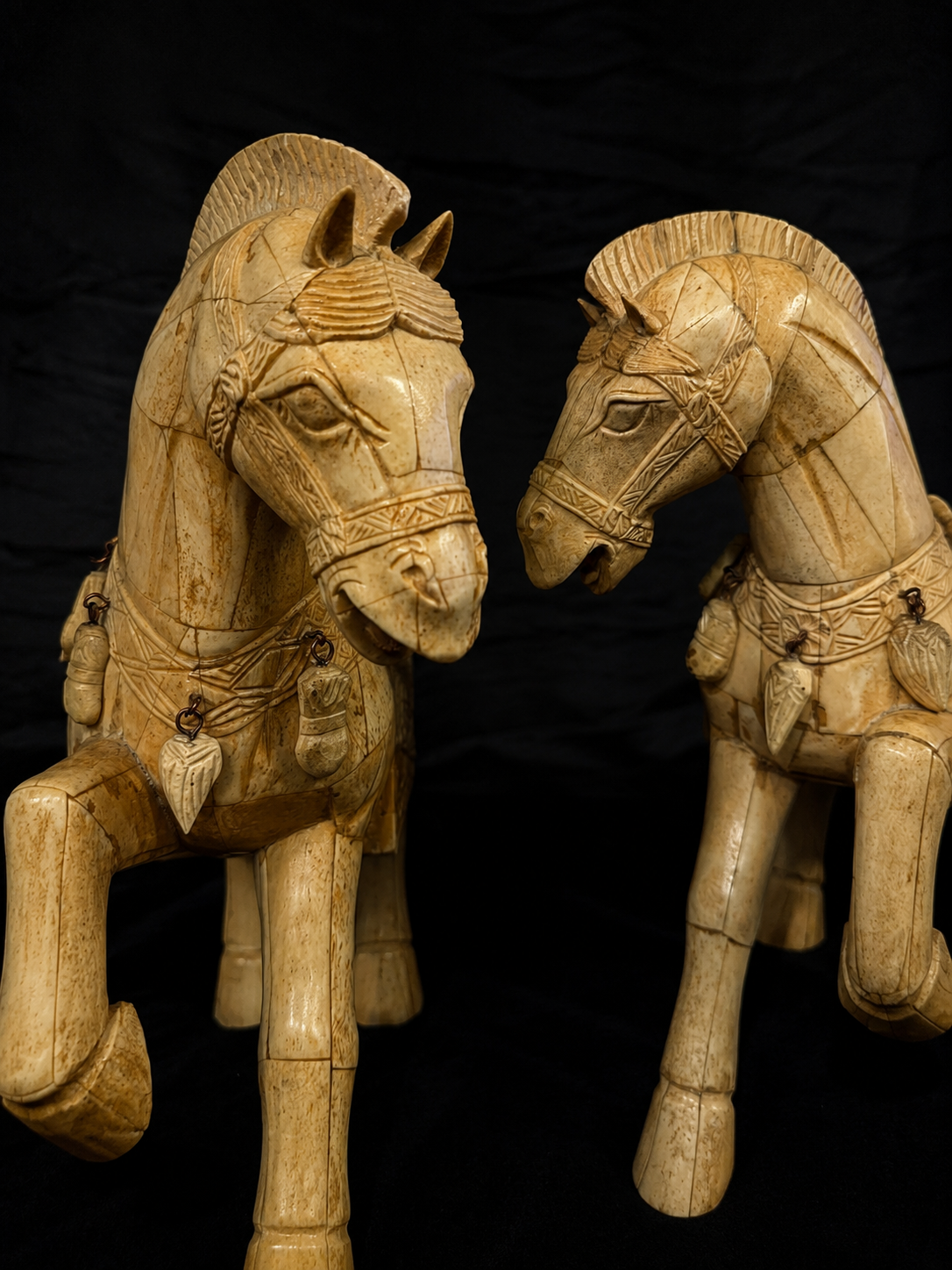 Vintage Pair of Carved Bone Ceremonial Horse Sculptures