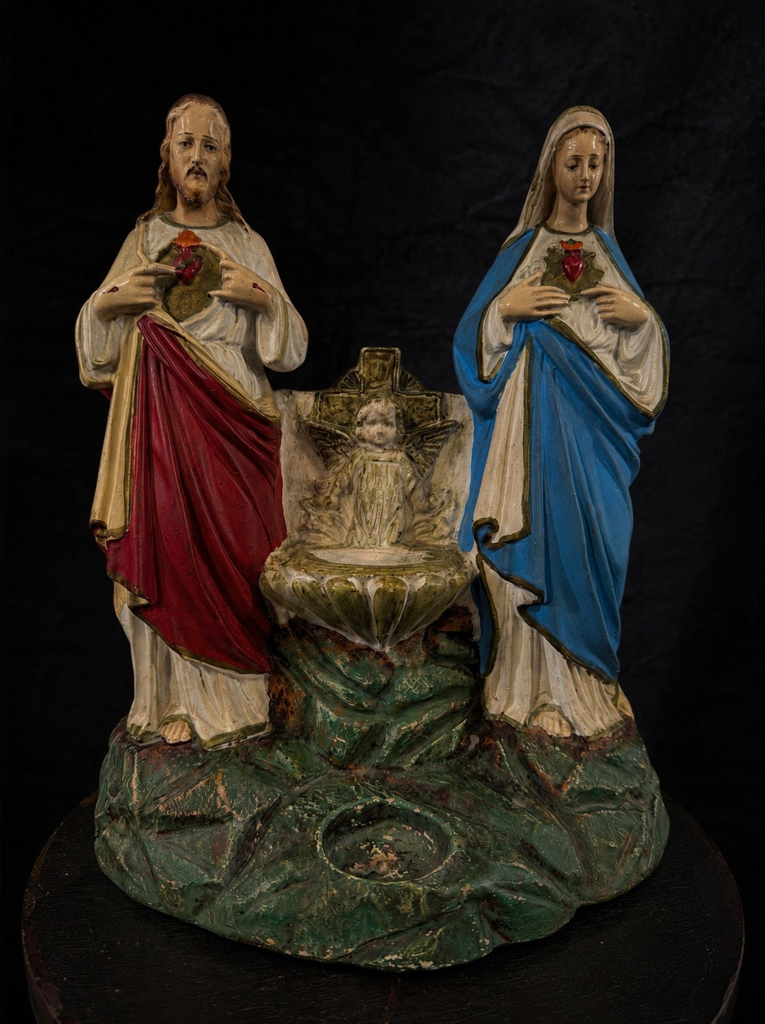 Antique Sacred Heart & Immaculate Heart Holy Water Font