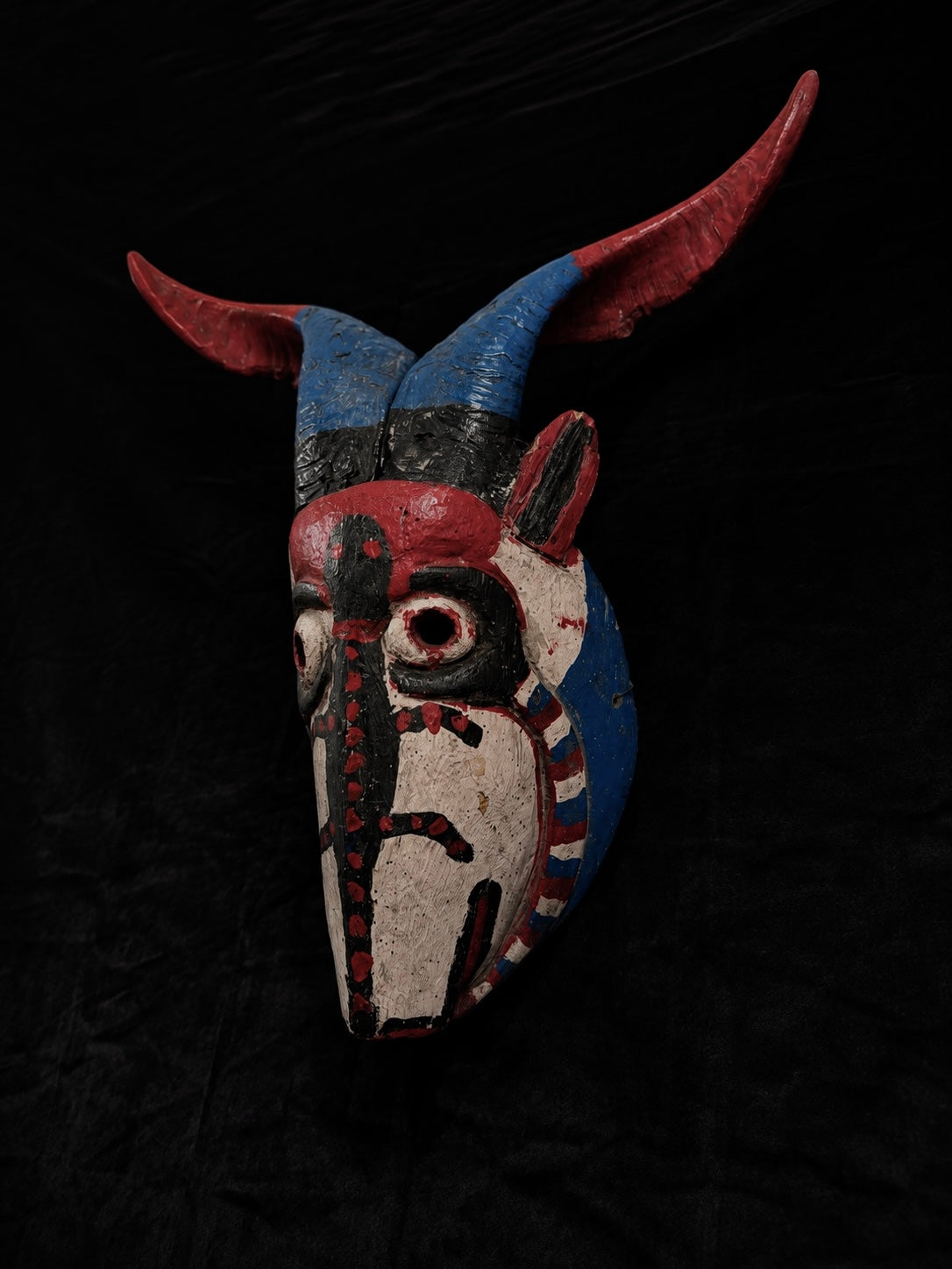 Vintage Mexican Wood 'Diablo' Mask w/ Real Horns