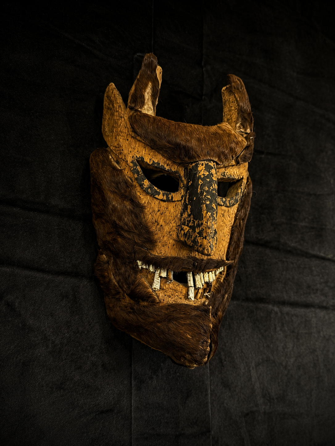 Antique Mexican Diablo Mask w/ Animal Hide & Metal Teeth