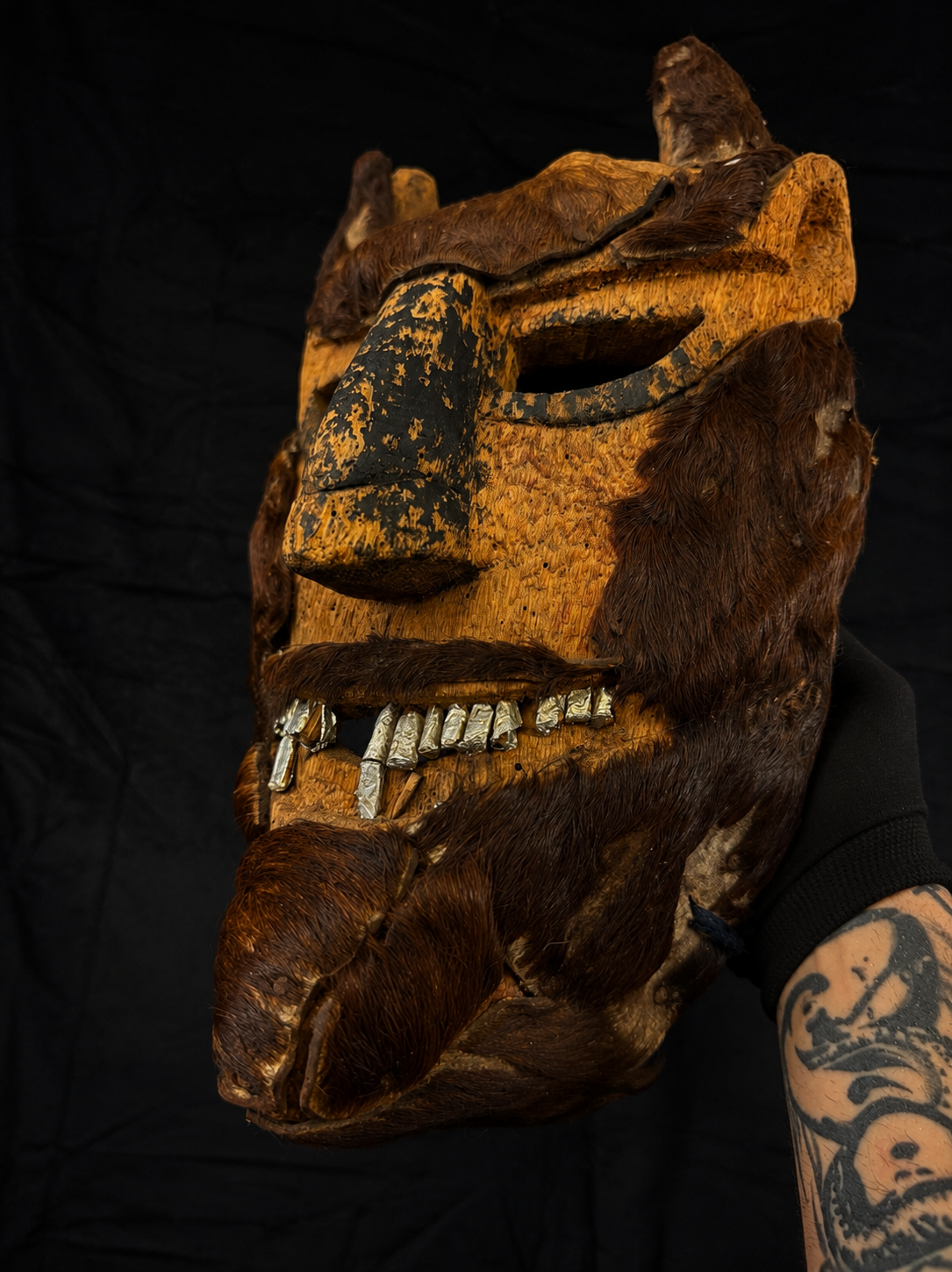 Antique Mexican Diablo Mask w/ Animal Hide & Metal Teeth