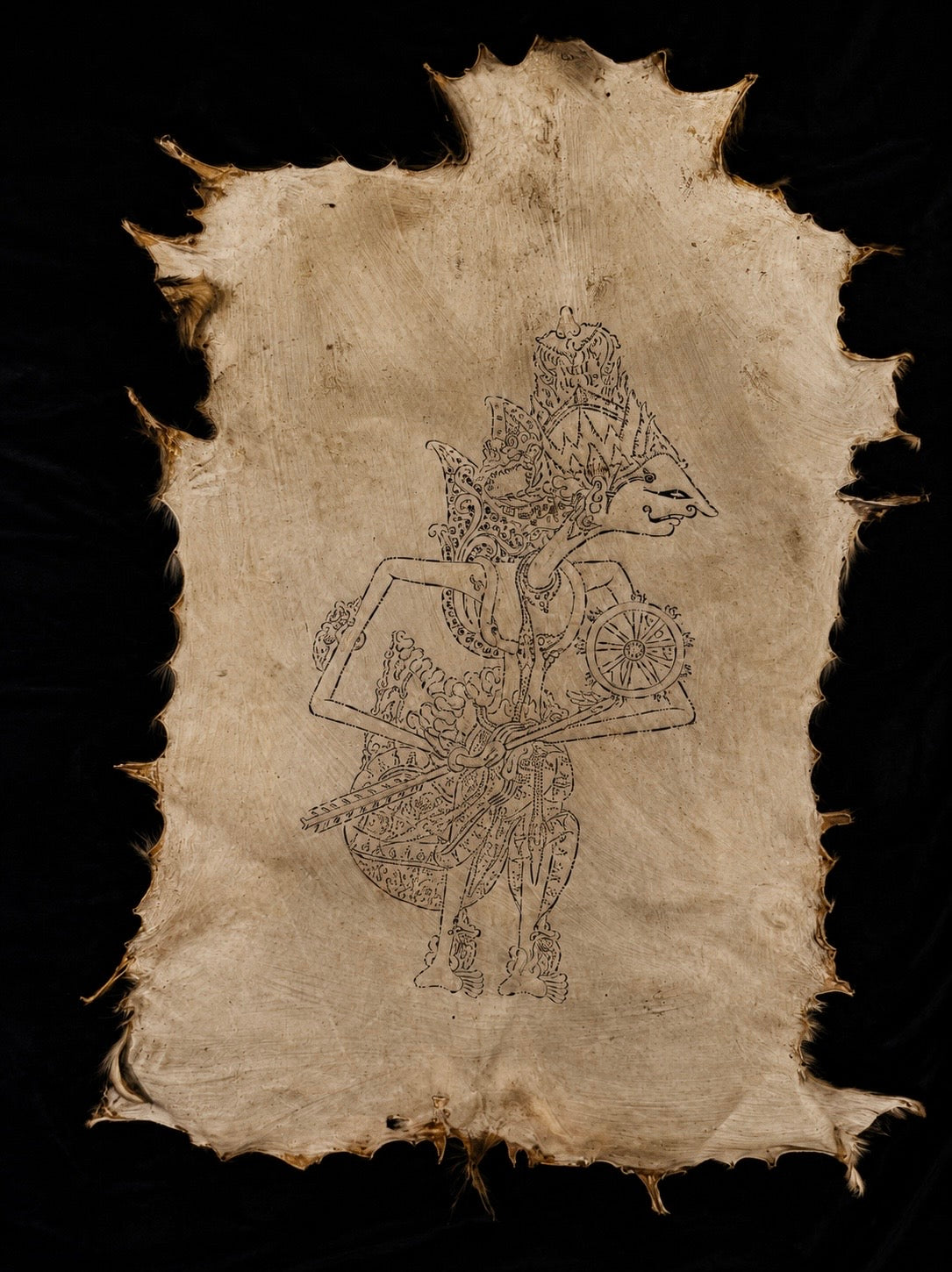 Vintage Javanese Wayang Deity on Pierced Goatskin