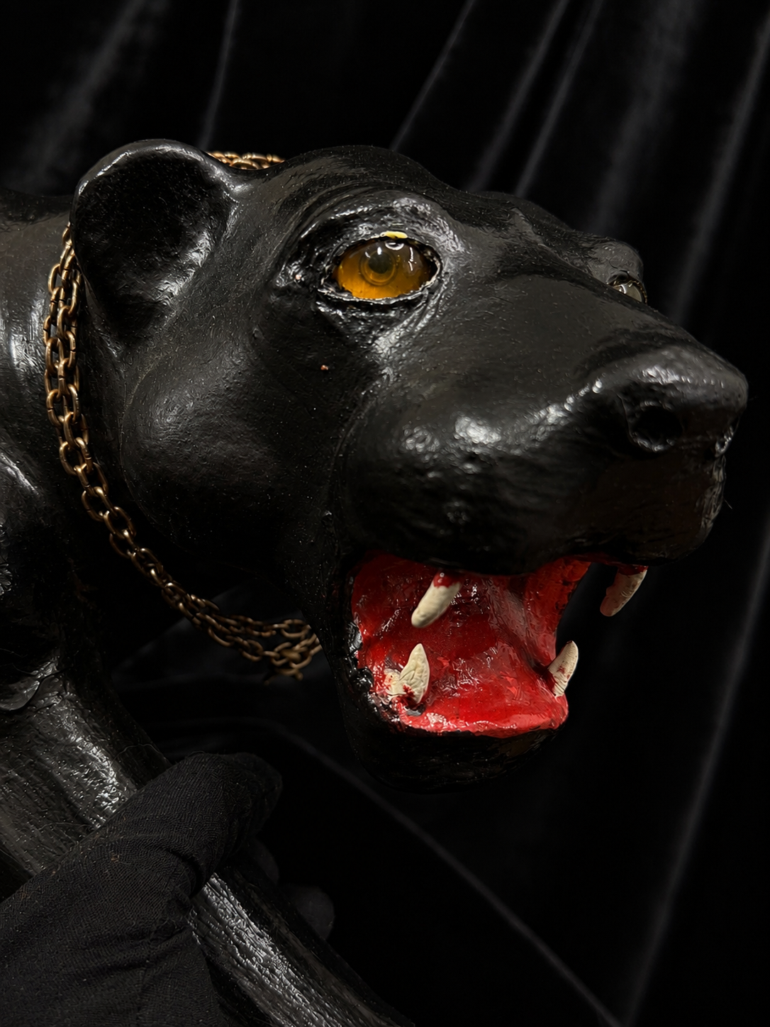 Oversized Mid-Century Black Panther Statue w/ Glass Eyes and Chain