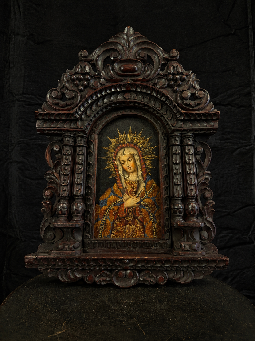 Vintage Bolivian Devotional Shrine w/ Oil Painted Virgin