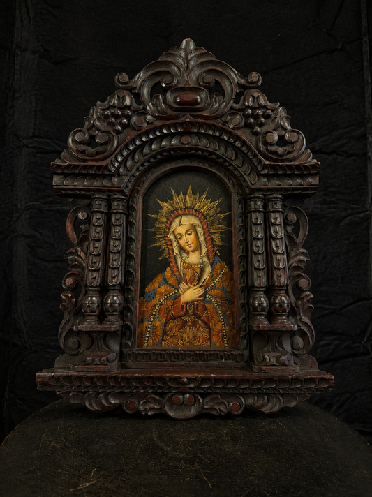 Vintage Bolivian Devotional Shrine w/ Oil Painted Virgin