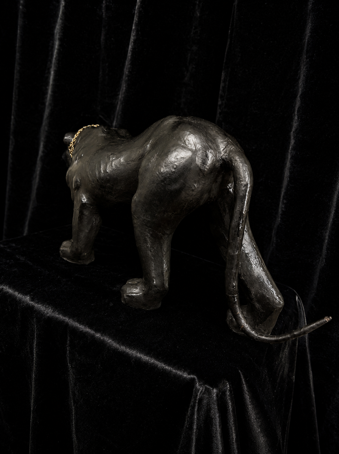 Oversized Mid-Century Black Panther Statue w/ Glass Eyes and Chain