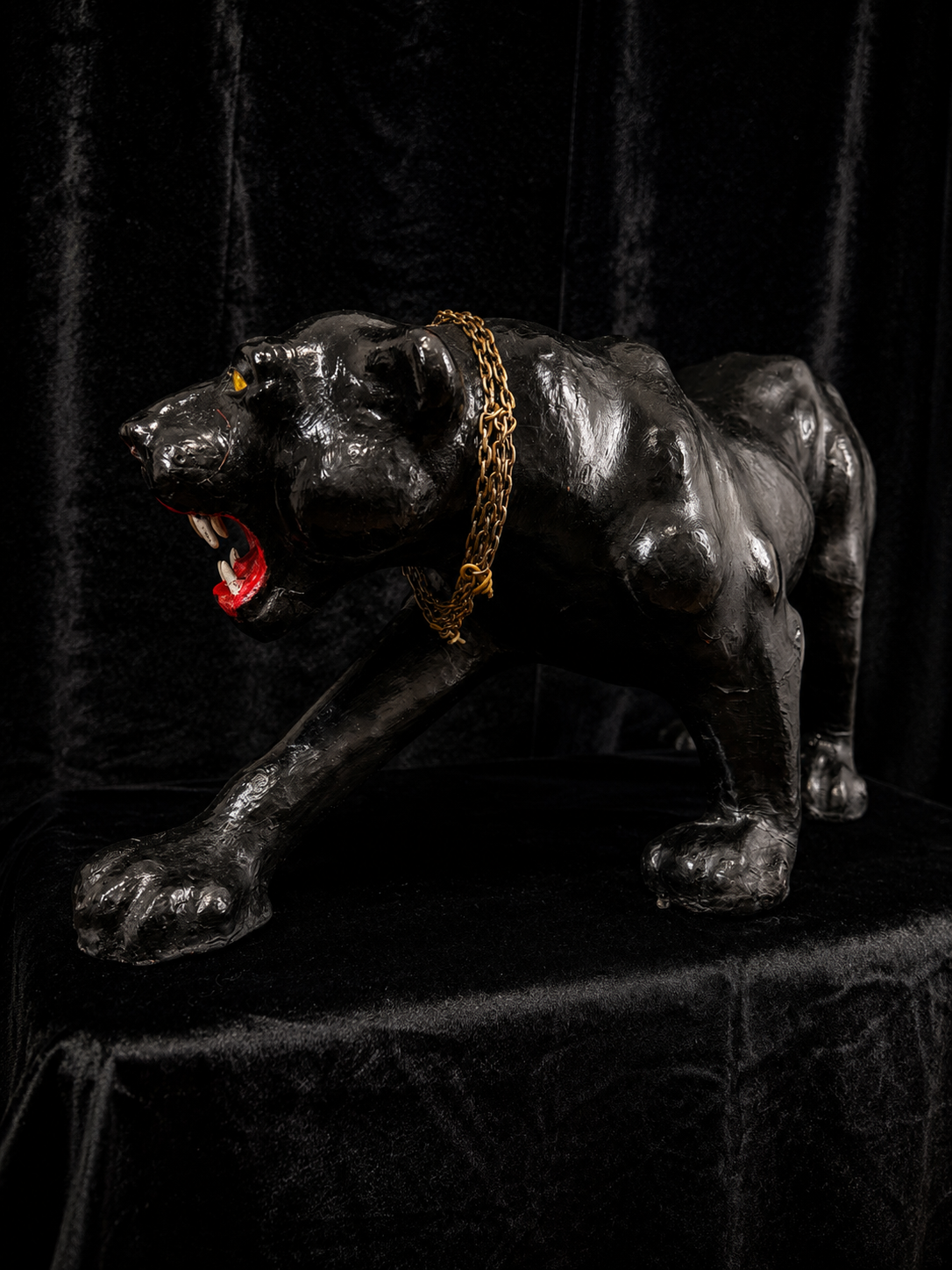 Oversized Mid-Century Black Panther Statue w/ Glass Eyes and Chain