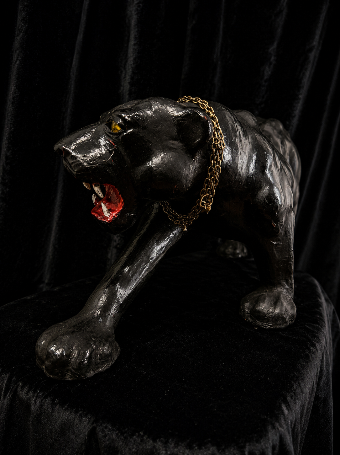 Oversized Mid-Century Black Panther Statue w/ Glass Eyes and Chain