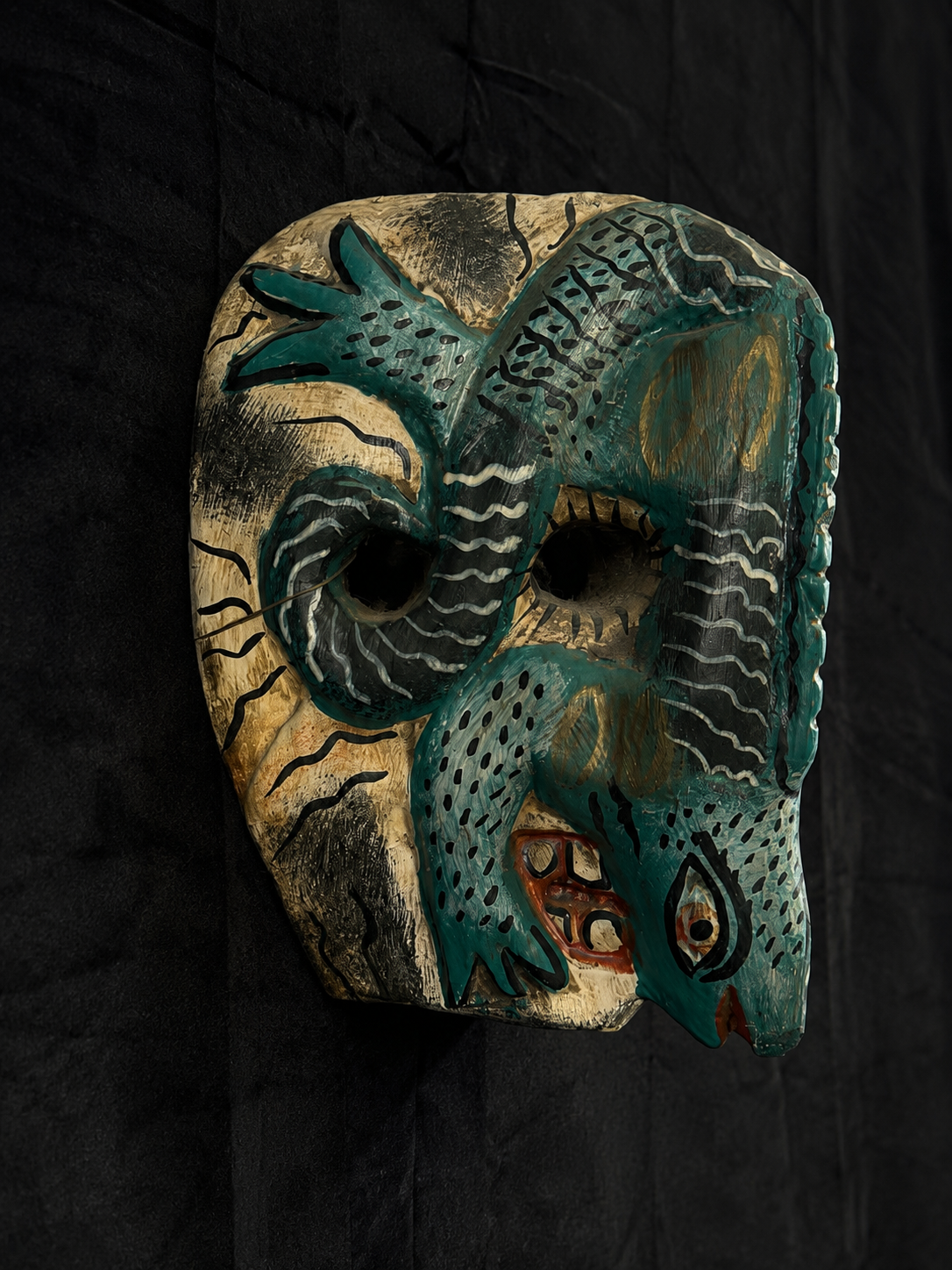 Vintage Mexican Three Face Mask w/  Devil, Serpent, Skull
