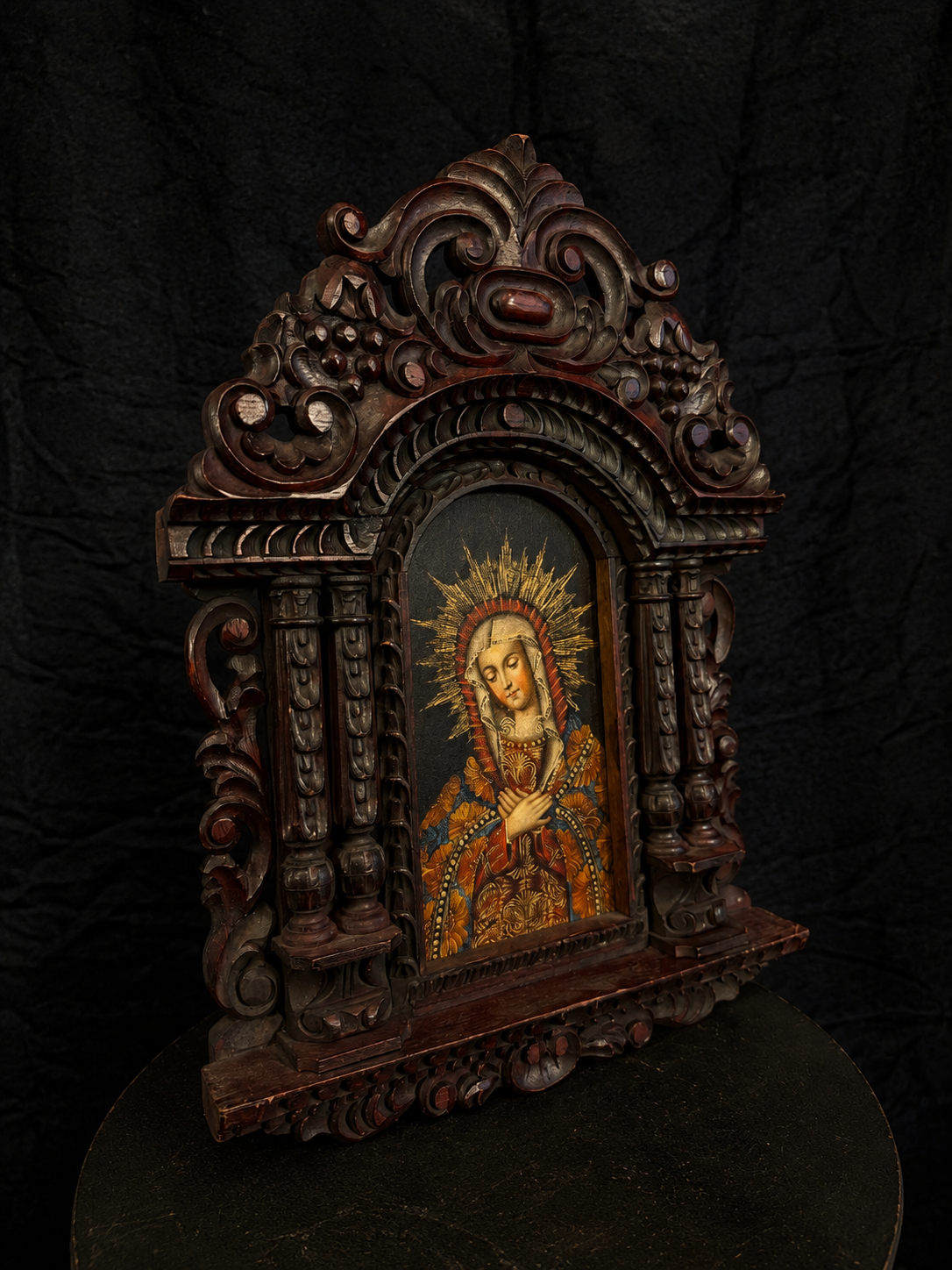 Vintage Bolivian Devotional Shrine w/ Oil Painted Virgin