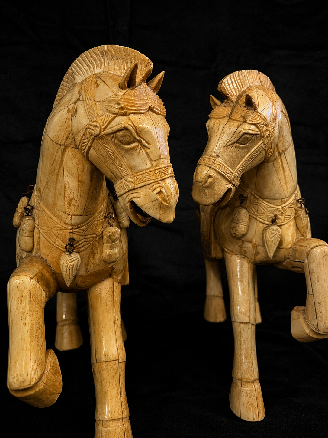 Vintage Pair of Carved Bone Ceremonial Horse Sculptures