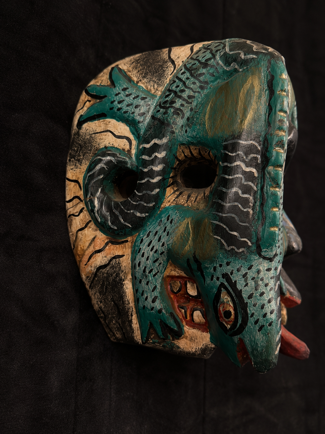 Vintage Mexican Three Face Mask w/  Devil, Serpent, Skull
