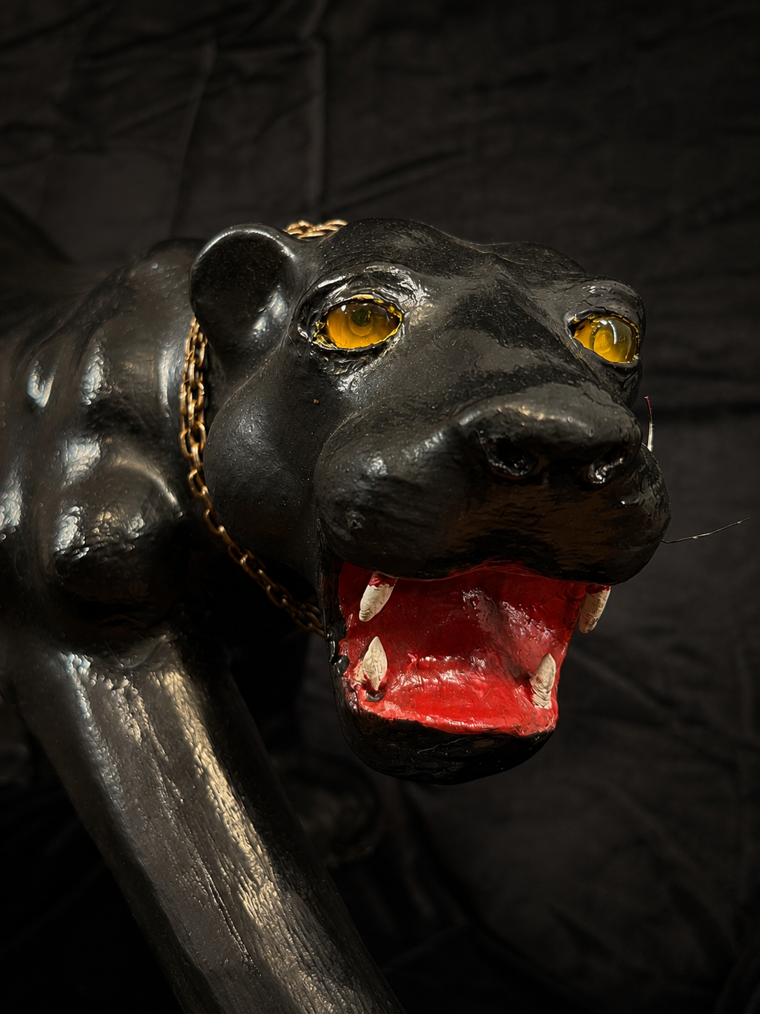 Oversized Mid-Century Black Panther Statue w/ Glass Eyes and Chain