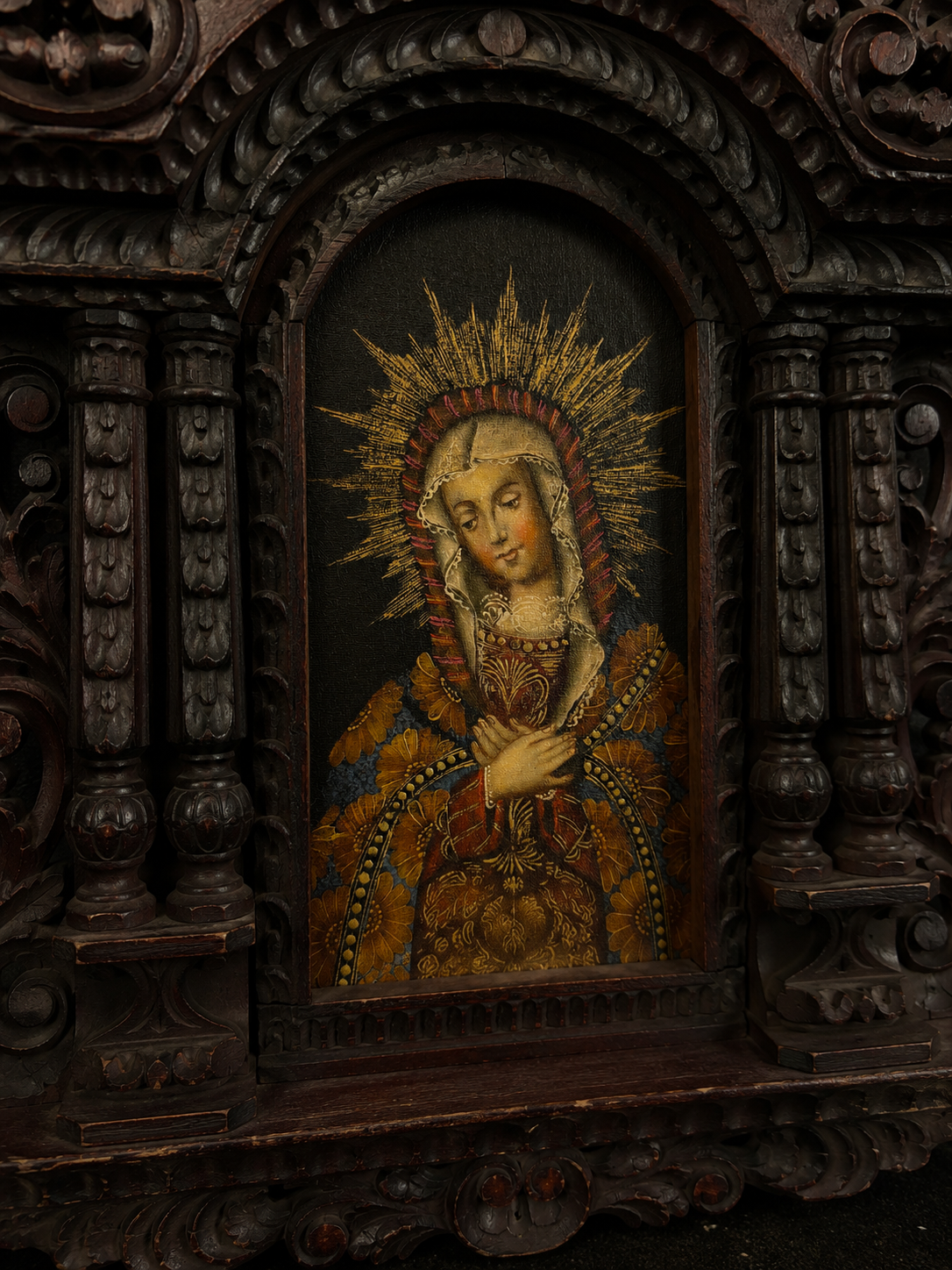 Vintage Bolivian Devotional Shrine w/ Oil Painted Virgin