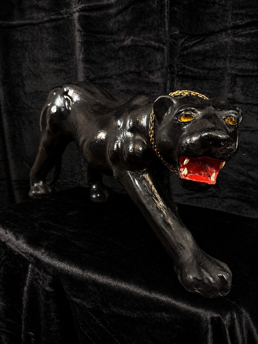 Oversized Mid-Century Black Panther Statue w/ Glass Eyes and Chain