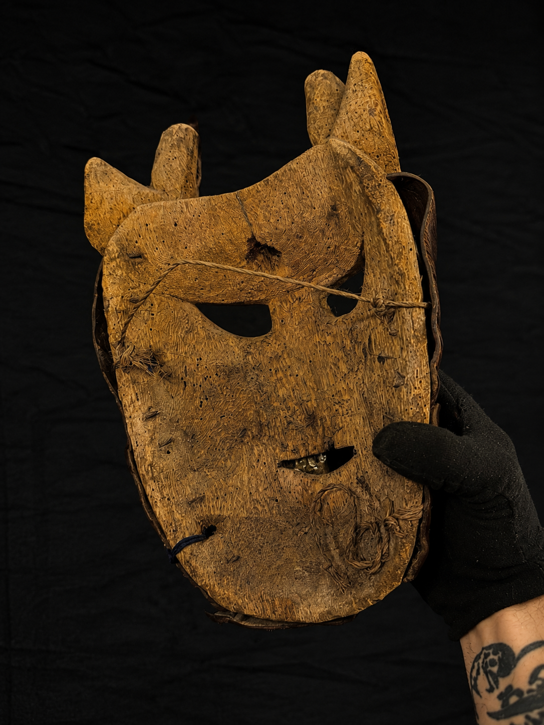 Antique Mexican Diablo Mask w/ Animal Hide & Metal Teeth