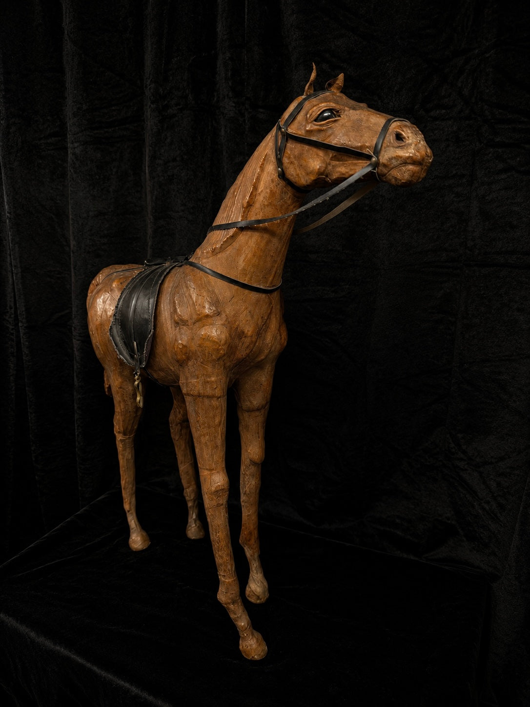 Large Antique Leather-Wrapped Horse Sculpture