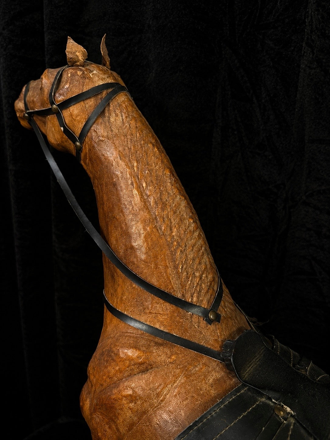 Large Antique Leather-Wrapped Horse Sculpture