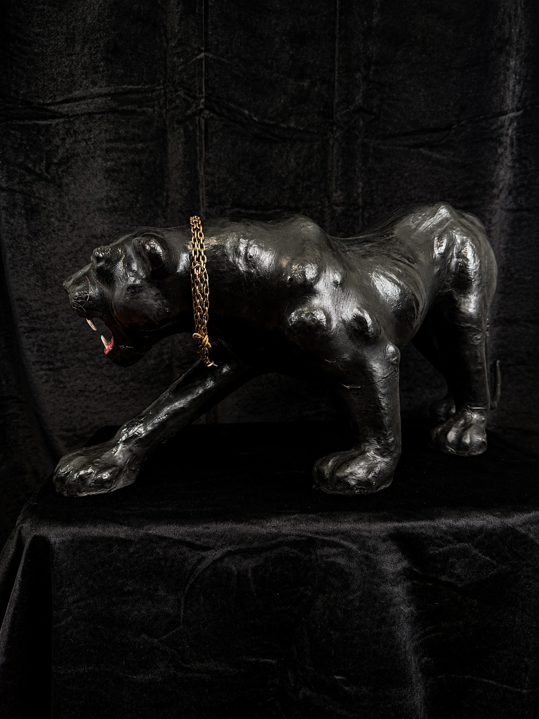 Oversized Mid-Century Black Panther Statue w/ Glass Eyes and Chain