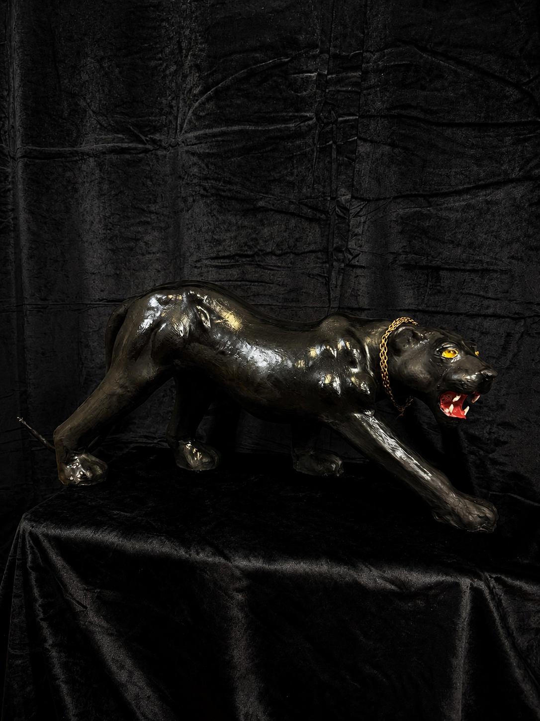 Oversized Mid-Century Black Panther Statue w/ Glass Eyes and Chain