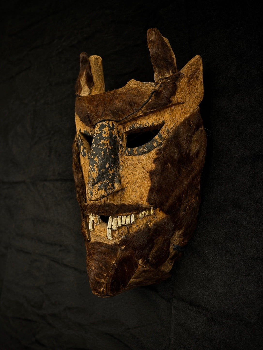 Antique Mexican Diablo Mask w/ Animal Hide & Metal Teeth