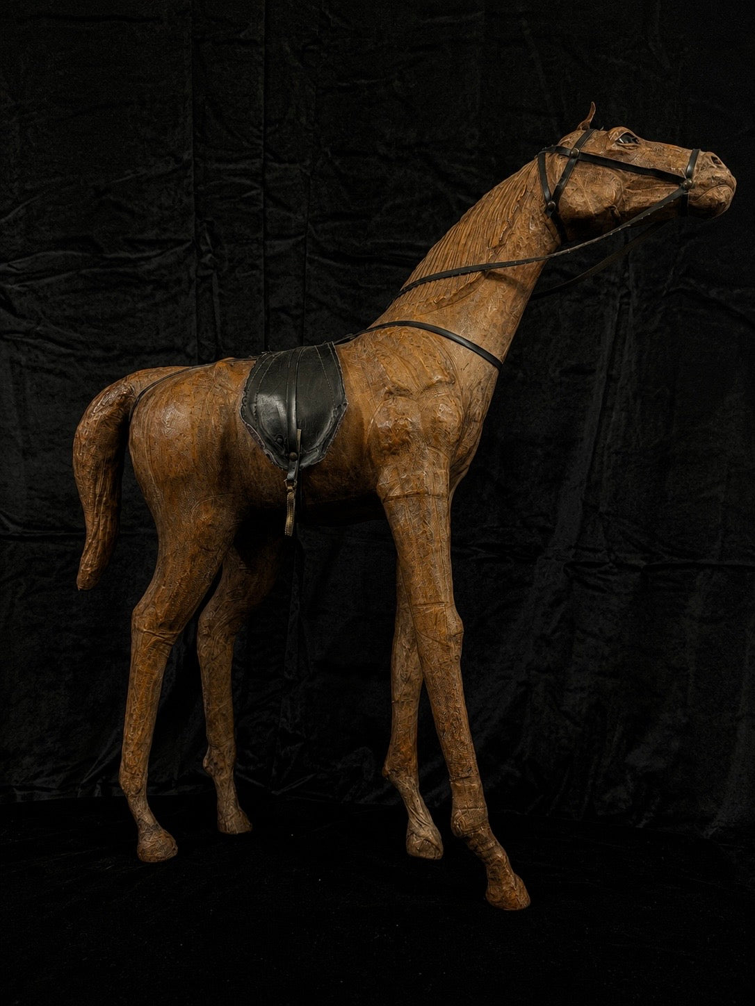 Large Antique Leather-Wrapped Horse Sculpture