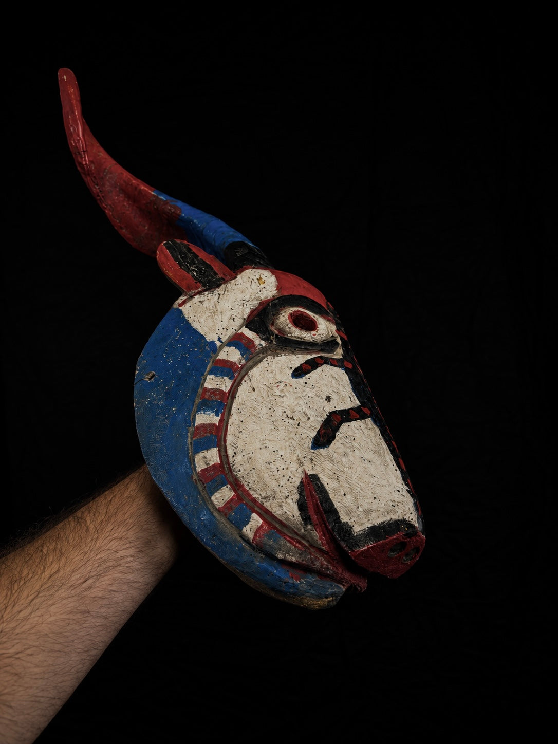 Vintage Mexican Wood 'Diablo' Mask w/ Real Horns