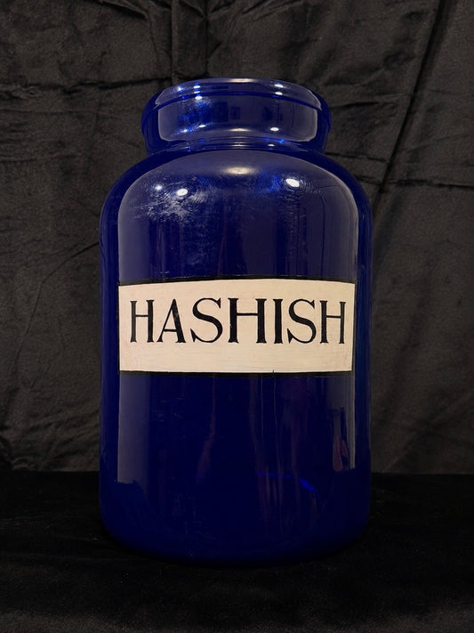 Oversized Cobalt Blue Glass “Hashish” Apothecary Jar