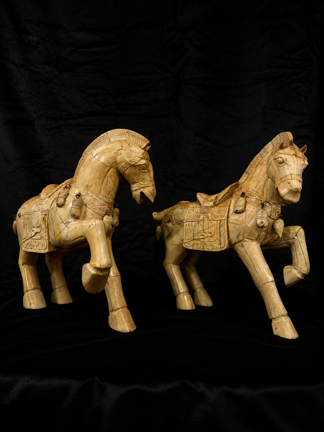 Vintage Pair of Carved Bone Ceremonial Horse Sculptures