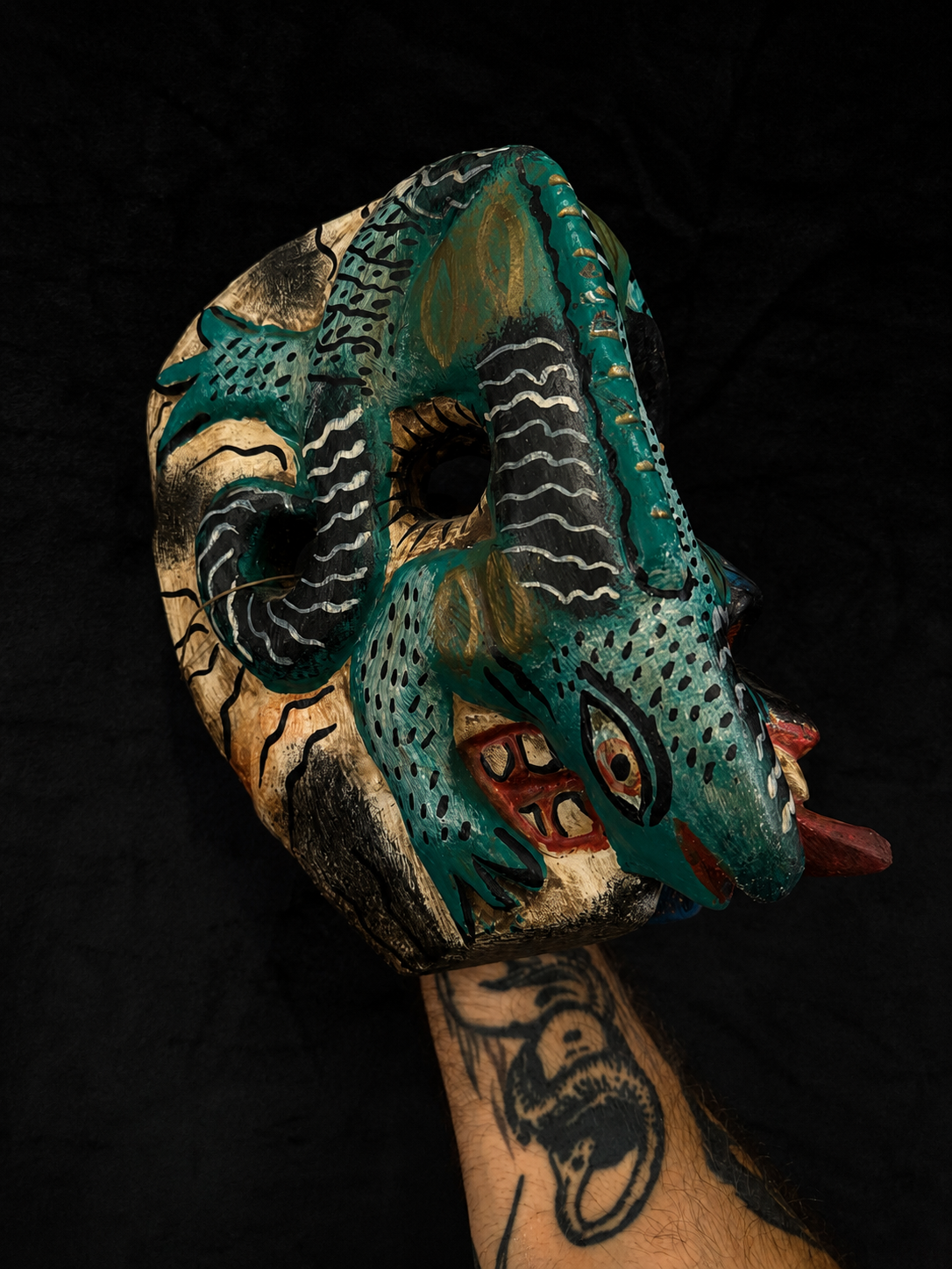 Vintage Mexican Three Face Mask w/  Devil, Serpent, Skull