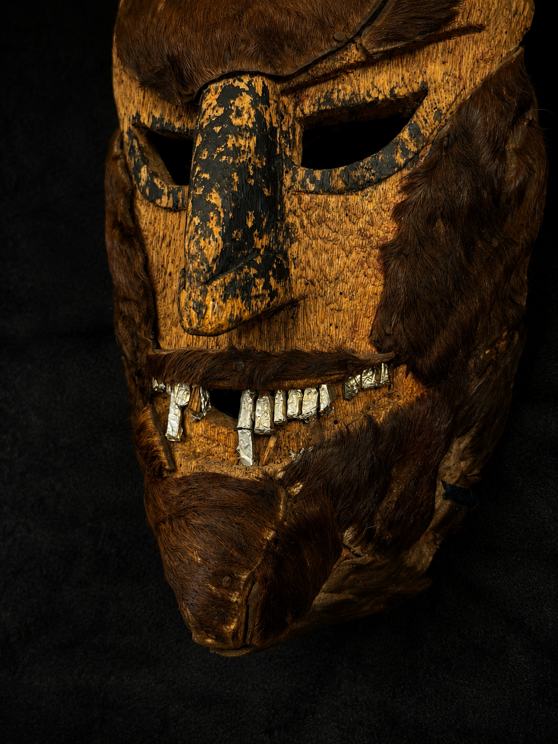 Antique Mexican Diablo Mask w/ Animal Hide & Metal Teeth