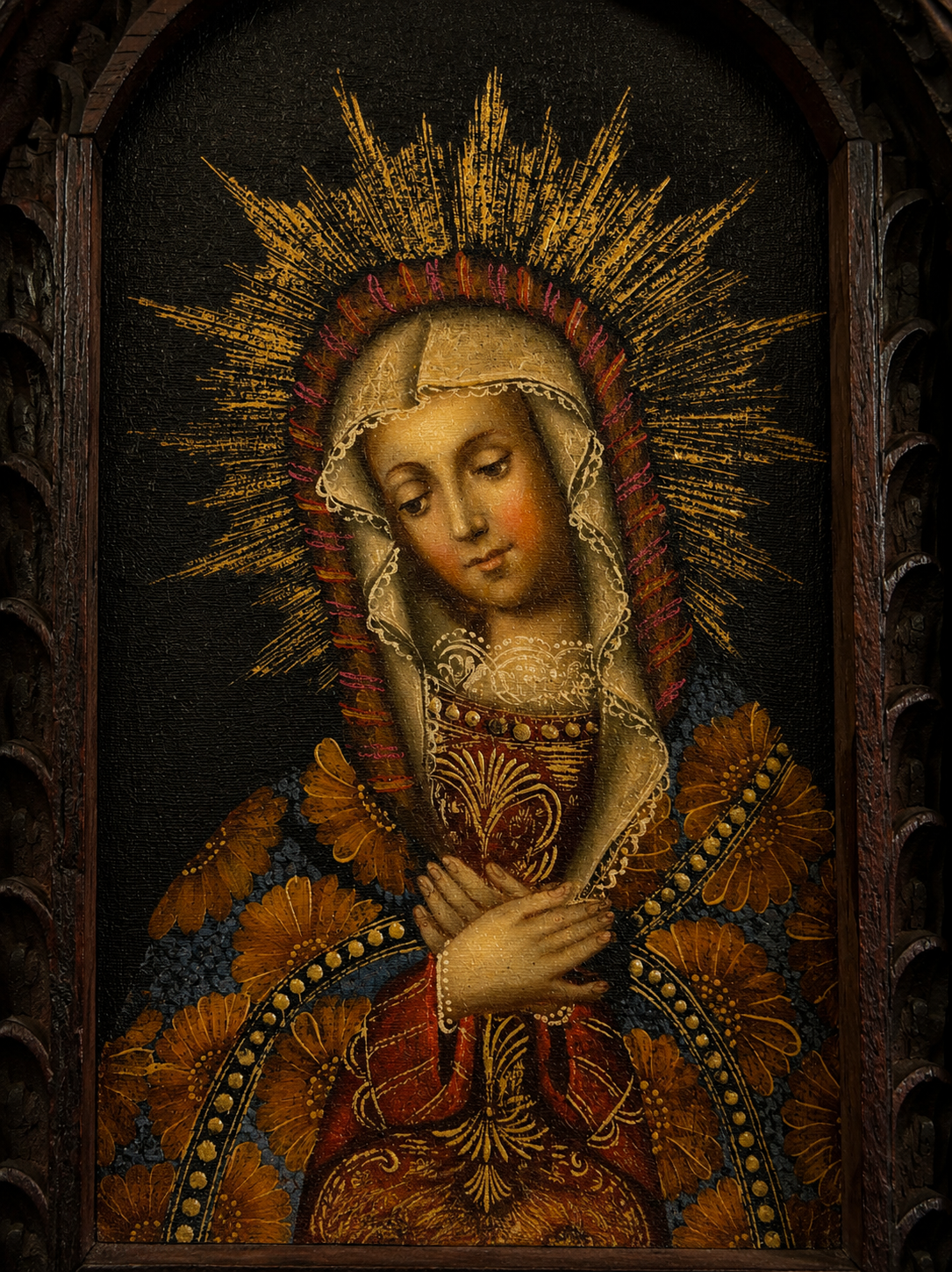 Vintage Bolivian Devotional Shrine w/ Oil Painted Virgin