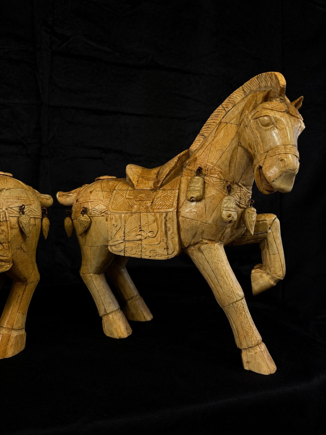 Vintage Pair of Carved Bone Ceremonial Horse Sculptures
