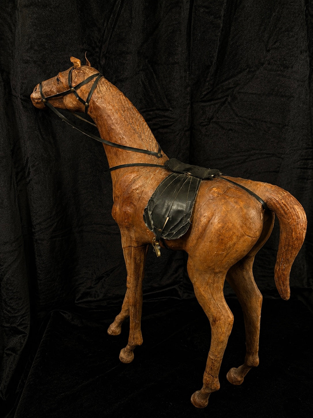 Large Antique Leather-Wrapped Horse Sculpture