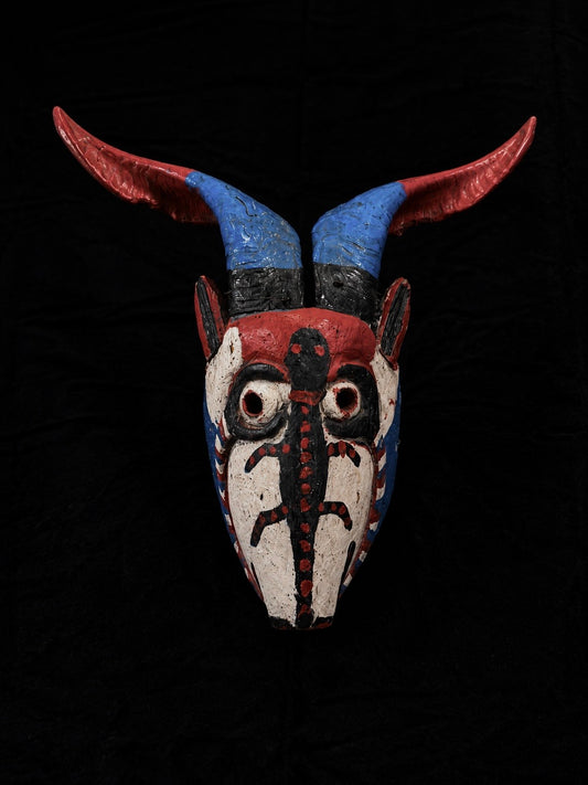 Vintage Mexican Wood 'Diablo' Mask w/ Real Horns