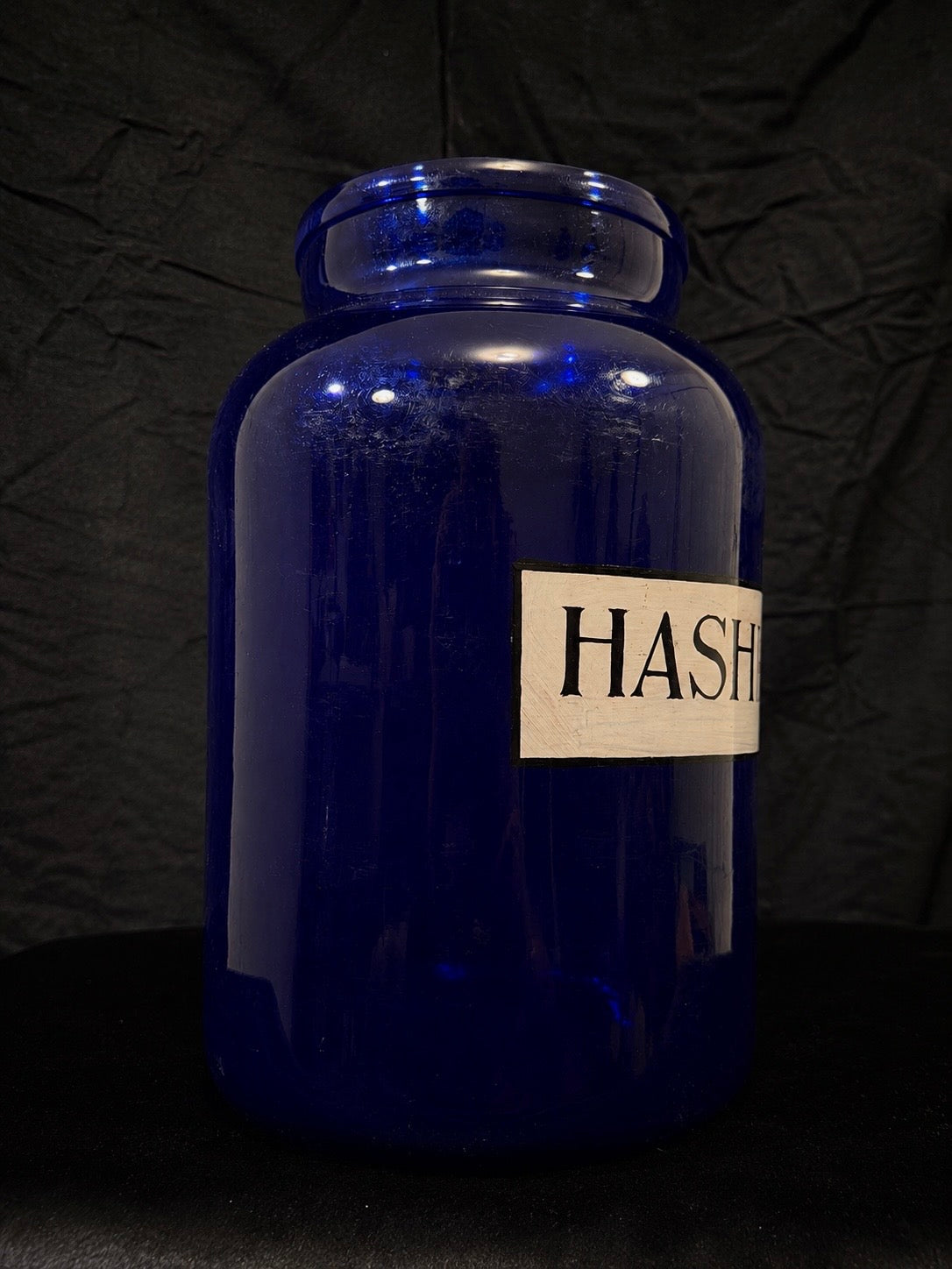 Oversized Cobalt Blue Glass “Hashish” Apothecary Jar
