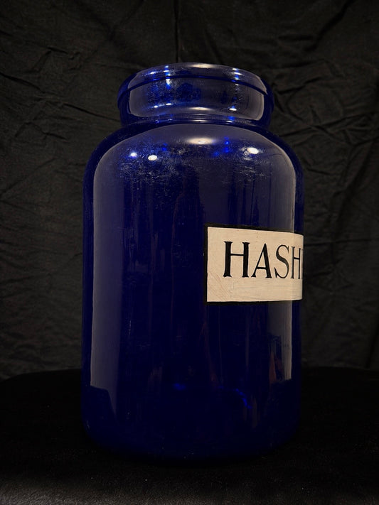 Oversized Cobalt Blue Glass “Hashish” Apothecary Jar