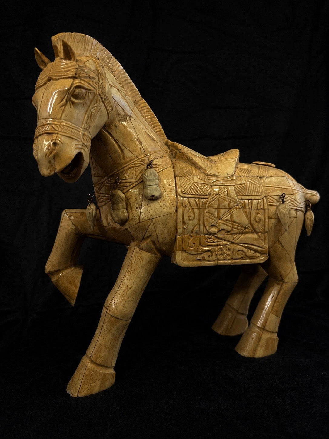 Vintage Pair of Carved Bone Ceremonial Horse Sculptures