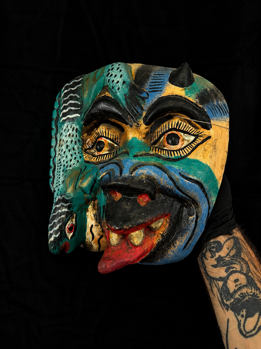 Vintage Mexican Three Face Mask w/  Devil, Serpent, Skull