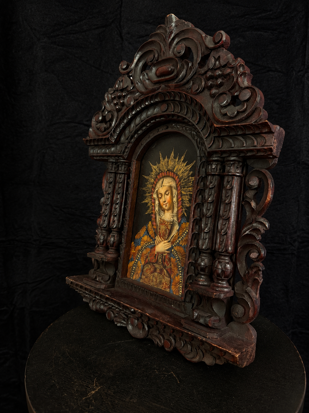 Vintage Bolivian Devotional Shrine w/ Oil Painted Virgin