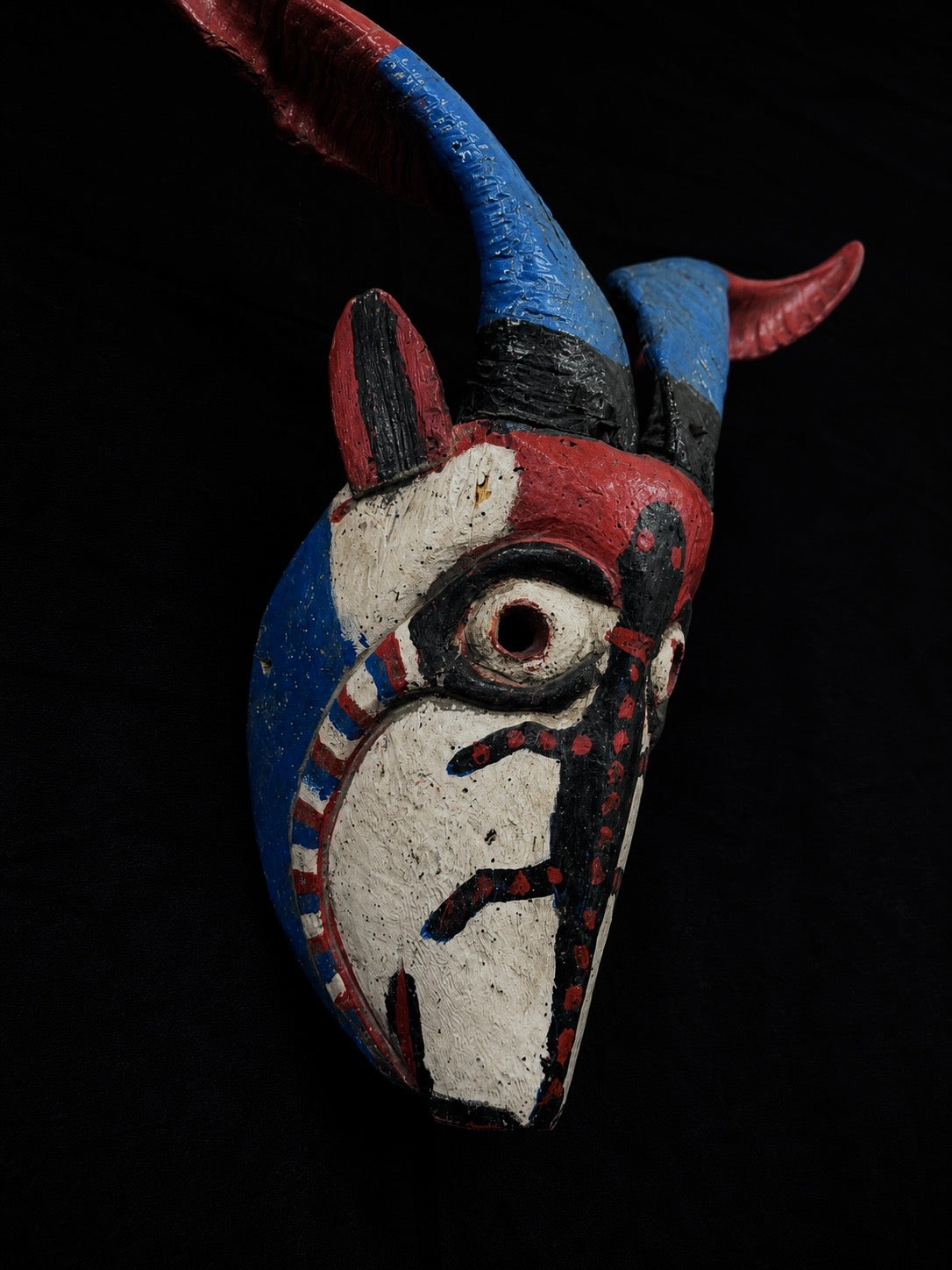 Vintage Mexican Wood 'Diablo' Mask w/ Real Horns