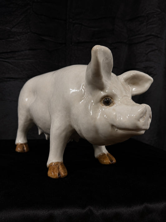 Vintage French Glazed Earthenware Sow w/ Glass Eyes