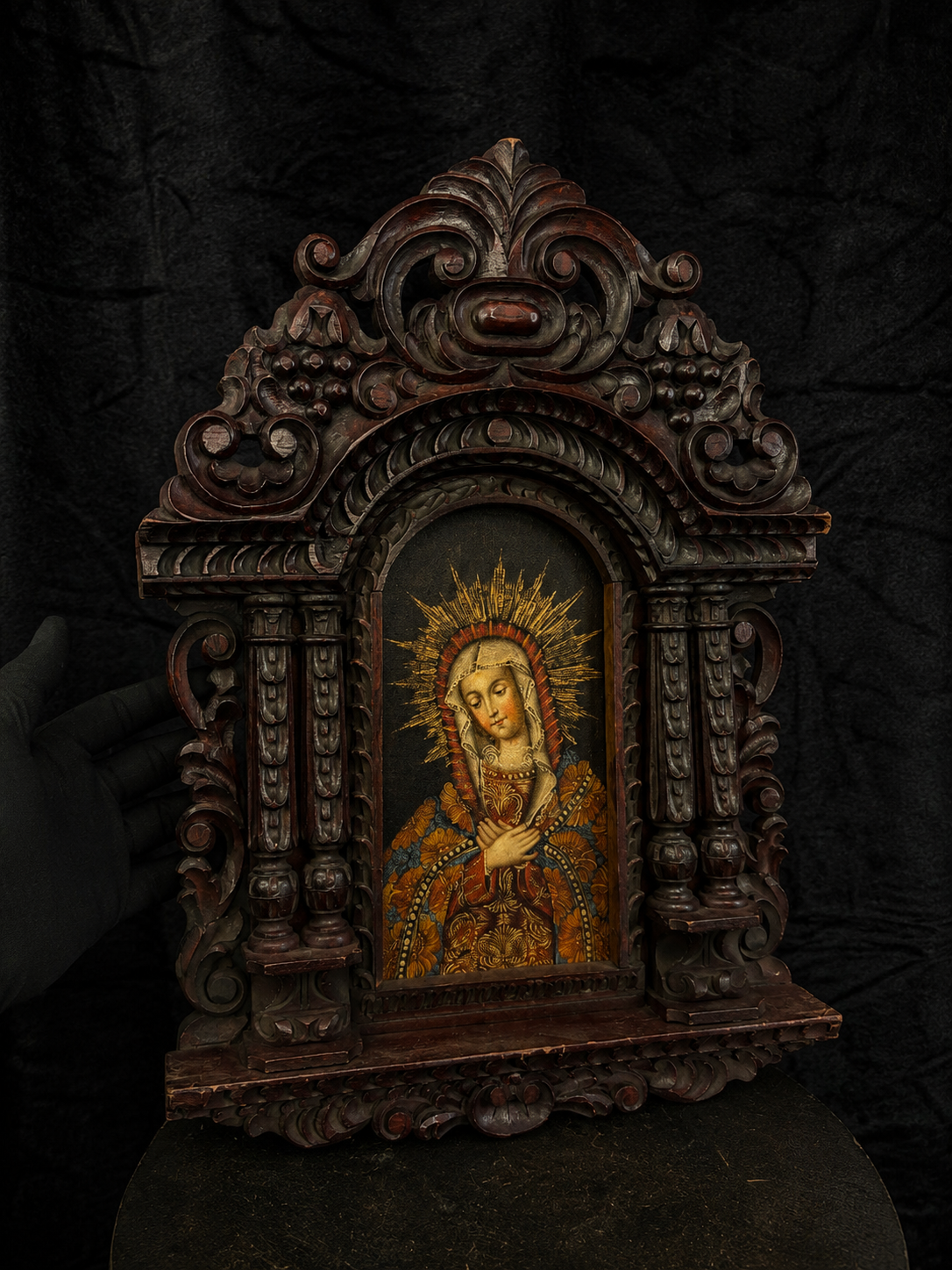 Vintage Bolivian Devotional Shrine w/ Oil Painted Virgin