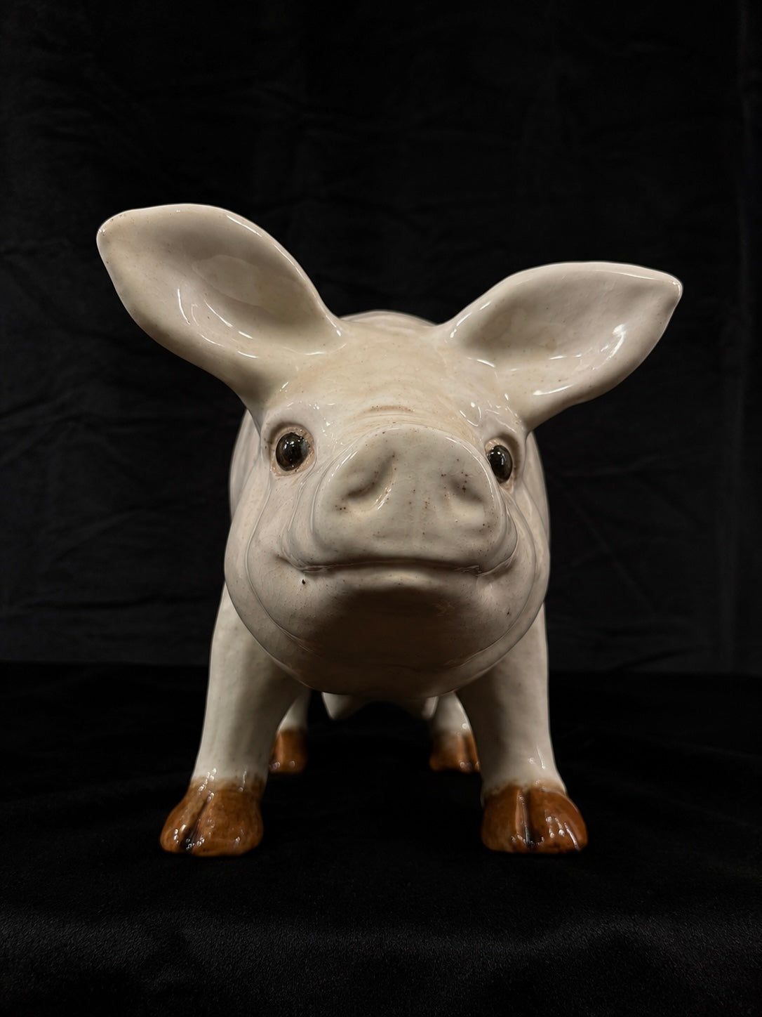 Vintage French Glazed Earthenware Sow w/ Glass Eyes