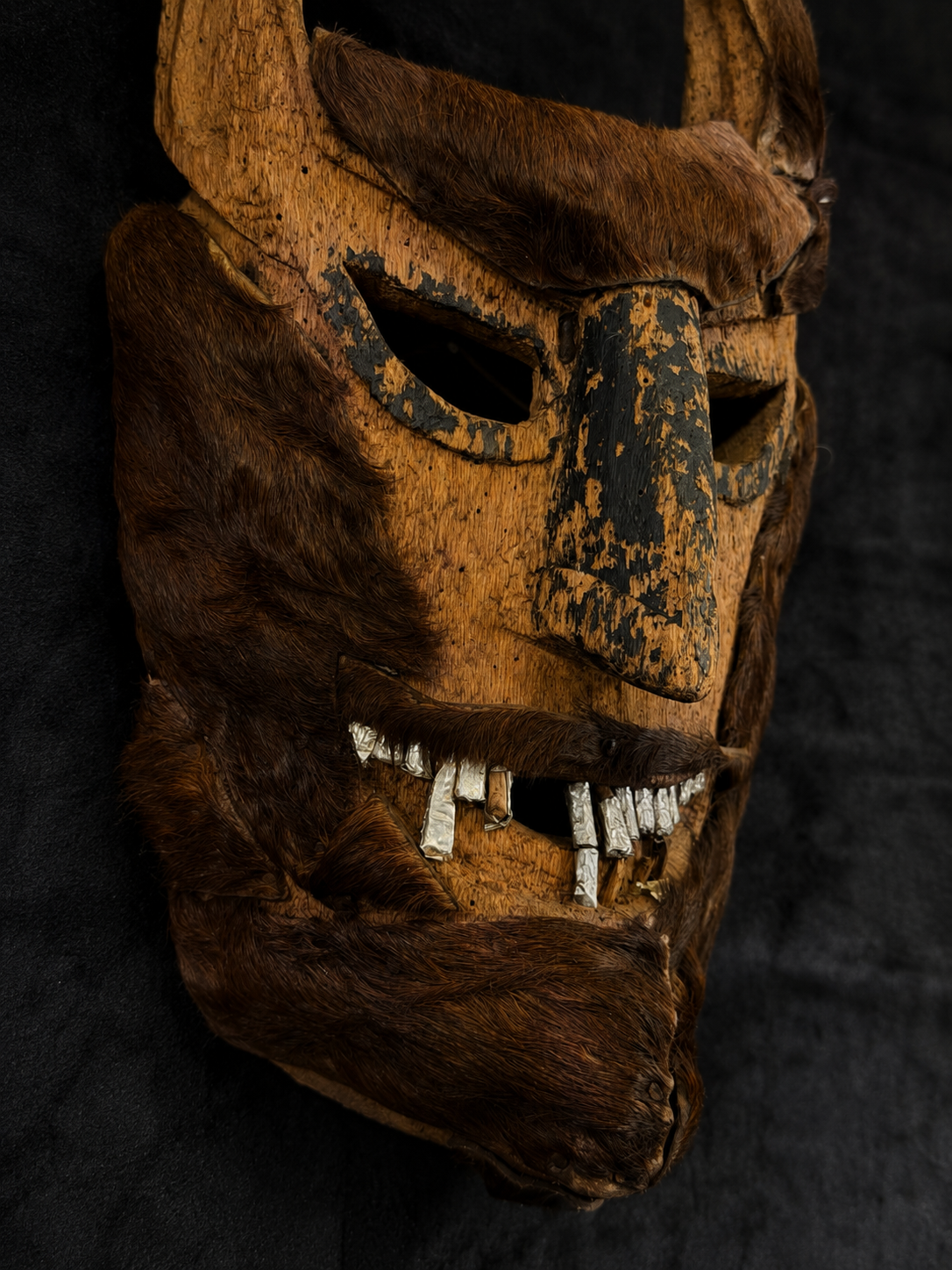 Antique Mexican Diablo Mask w/ Animal Hide & Metal Teeth