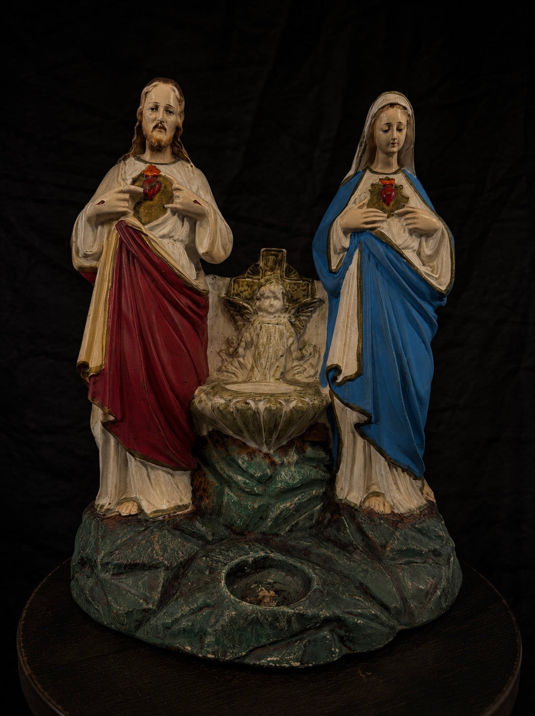 Antique Sacred Heart & Immaculate Heart Holy Water Font