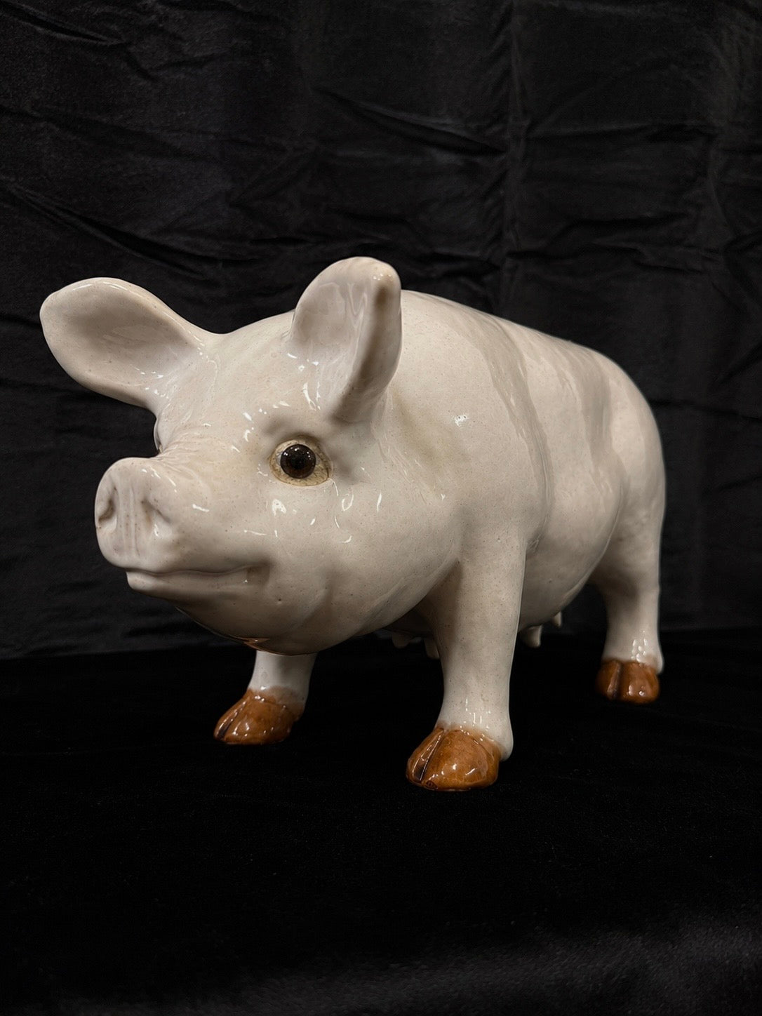 Vintage French Glazed Earthenware Sow w/ Glass Eyes